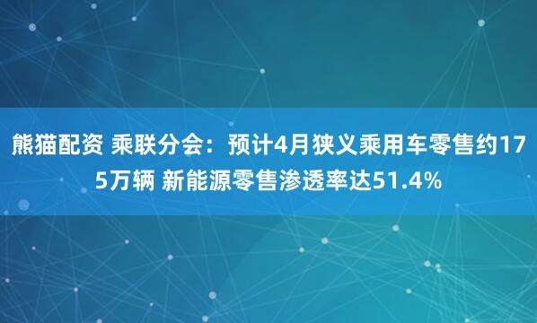 熊猫配资 乘联分会：预计4月狭义乘用车零售约175万辆 新能源零售渗透率达51.4%